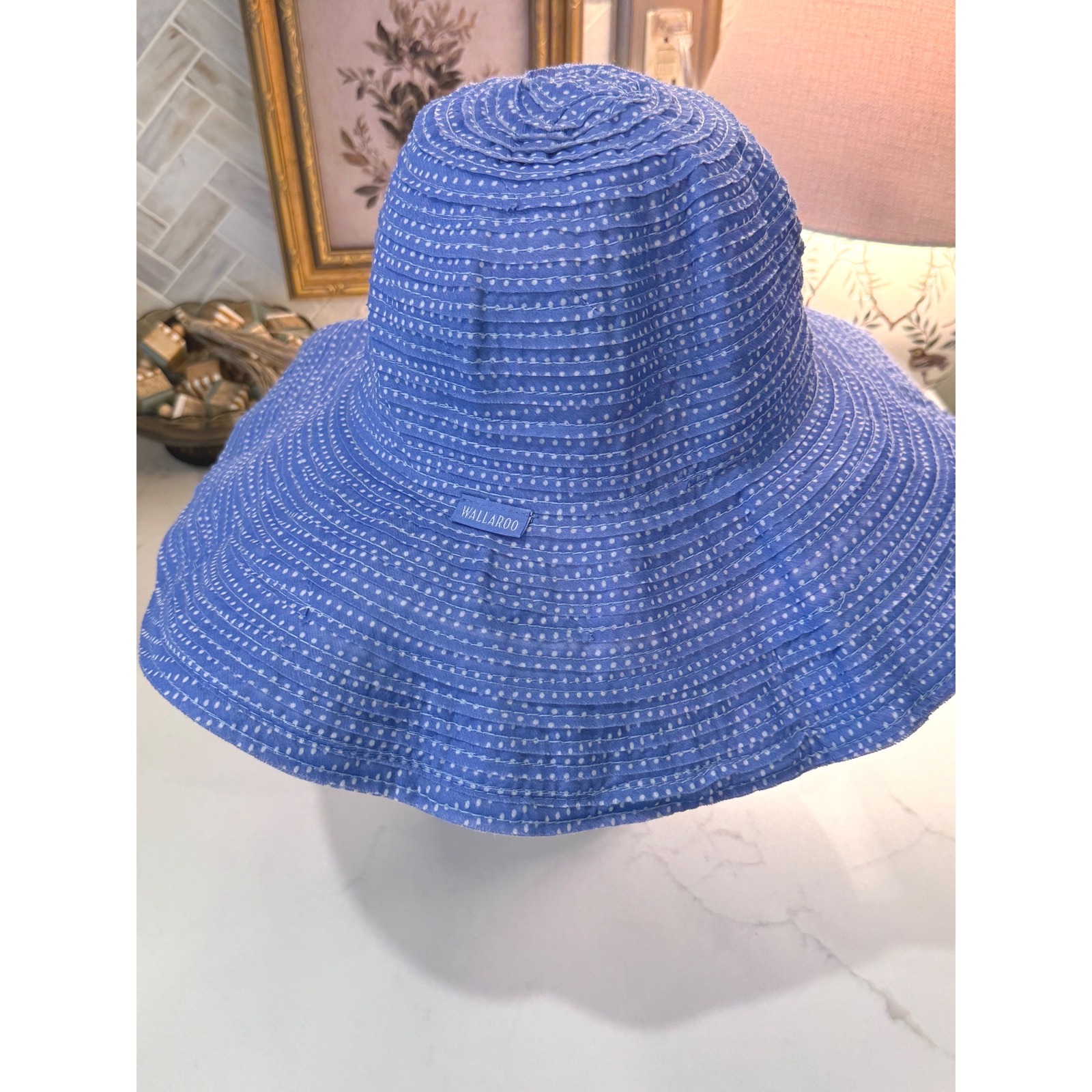 Wallaroo Scrunchie Sun Hat Os Blue Polka Dot Wide Brim Packable Travel Summer — image 2 of 8